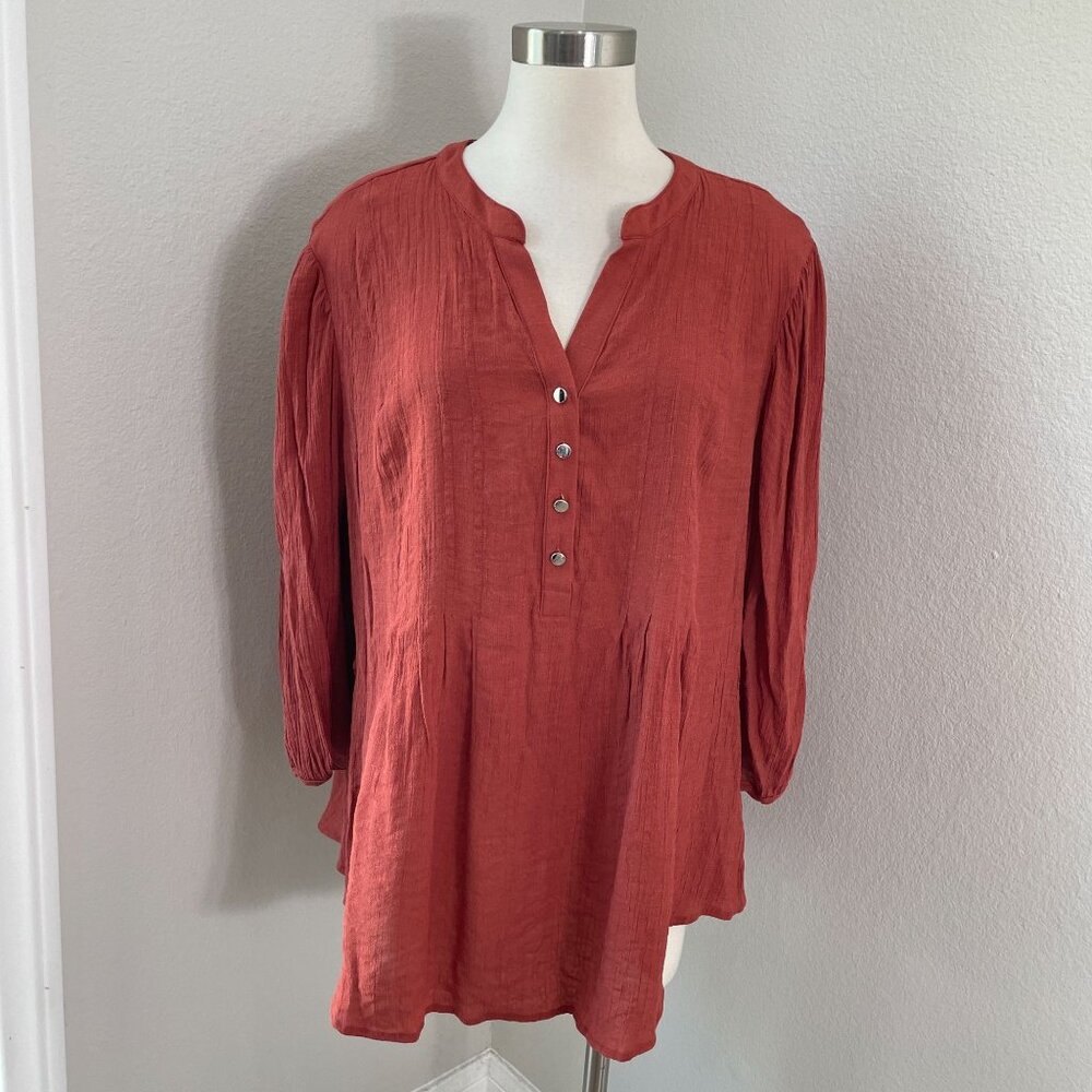 Cocomo Woman Plus 2X Terracotta Button Front‎ Blouse 3/4 Sleeve Tunic Top
